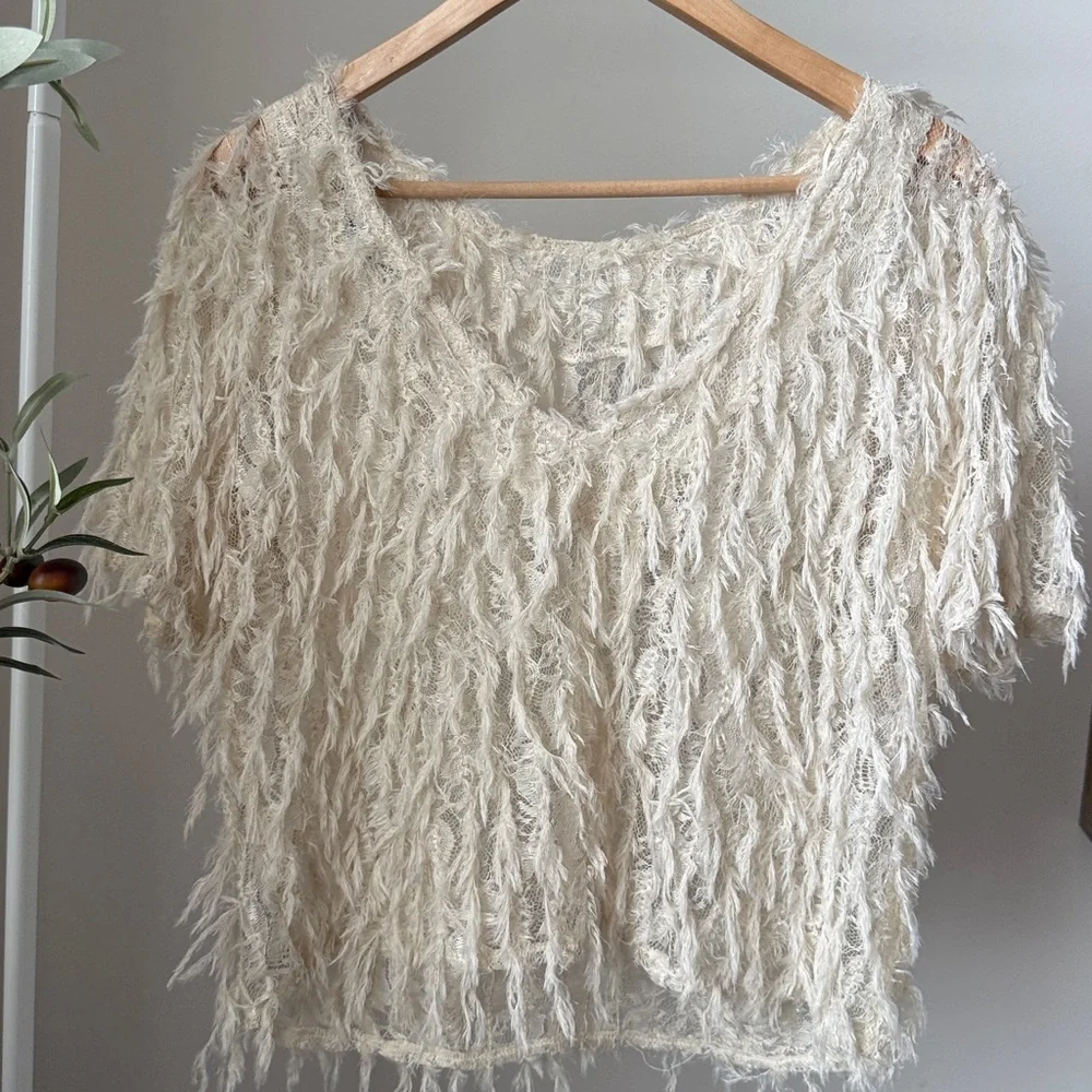 Zara Cream Textured Fringe Short-Sleeve Top Size M